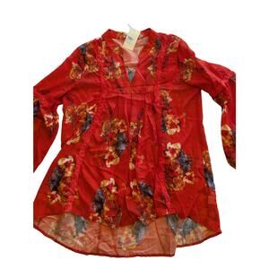 NWT Red Floral Print Tunic‎ Top Crochet Trimmed Boho Style Long Sleeve Blouse